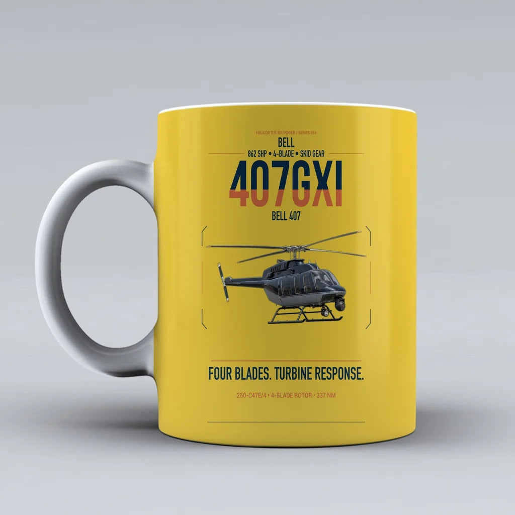 Bell 407GXi design on yellow ceramic mug, double-side print