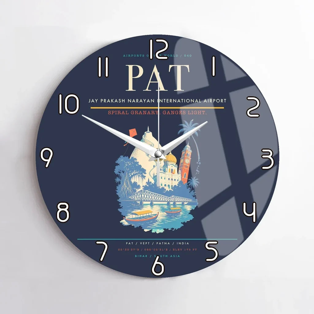 Jay Prakash Narayan International Airport (PAT) design on navy blue no frame wall clock