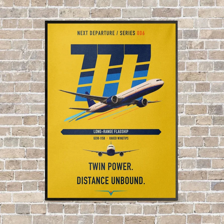 Boeing 777-300ER vertical canvas print - framed - yellow background