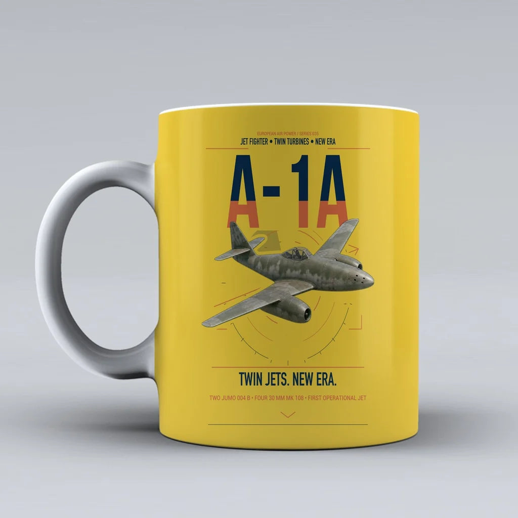 Messerschmitt Me 262A-1a design on yellow ceramic mug, double-side print