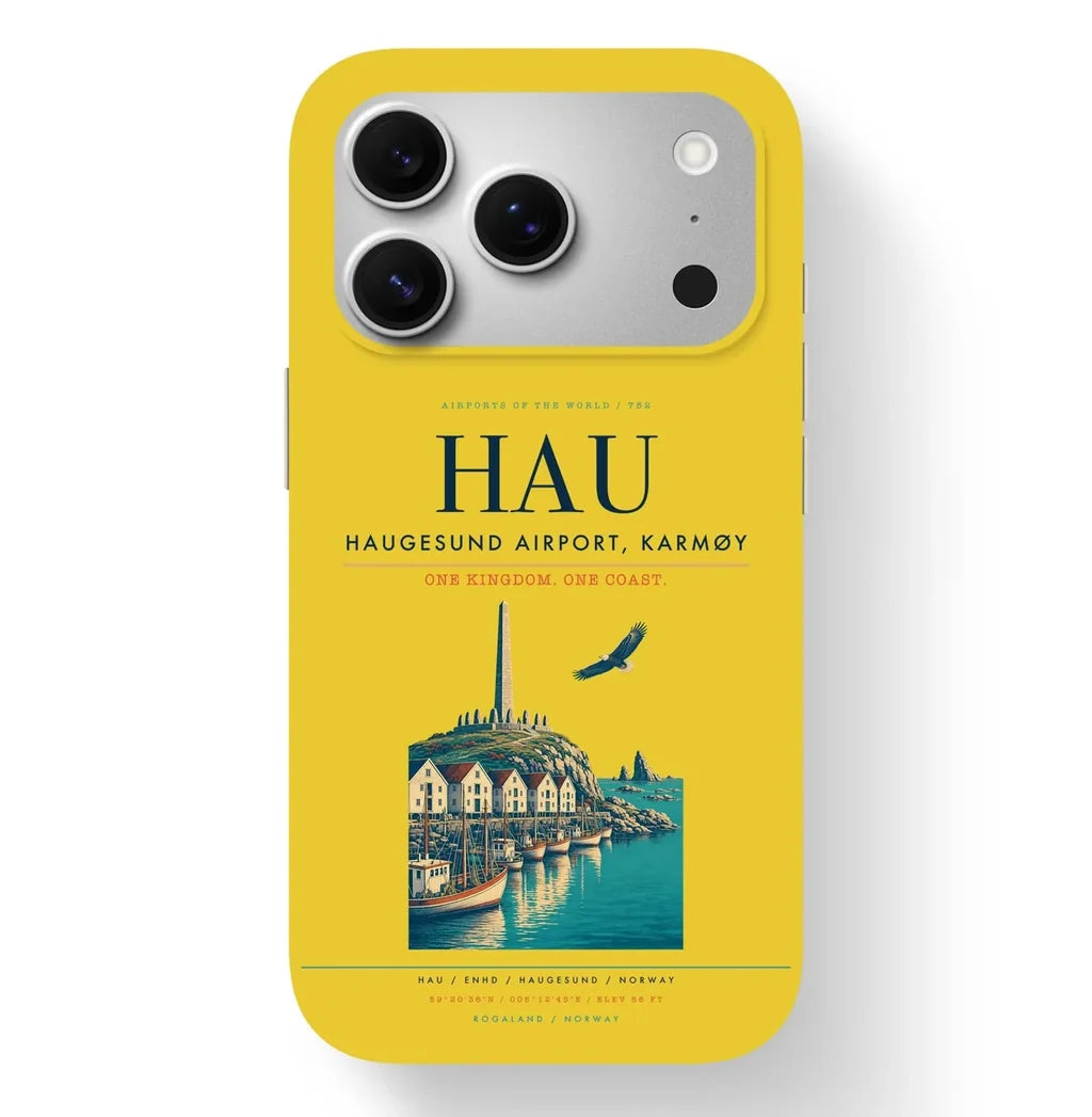 Haugesund Airport (HAU) design on yellow iPhone 17 Pro MagSafe case