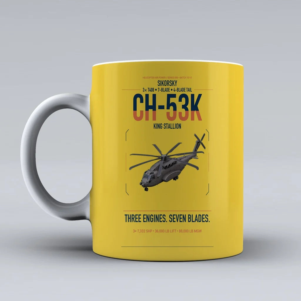 Sikorsky CH-53K King Stallion design on yellow ceramic mug, double-side print