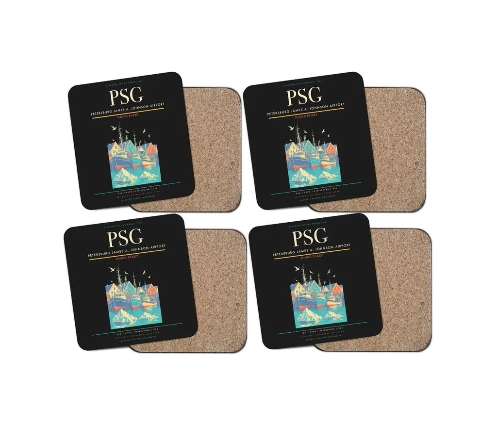 Petersburg James A. Johnson Airport (PSG) design on black 4 pieces set coaster