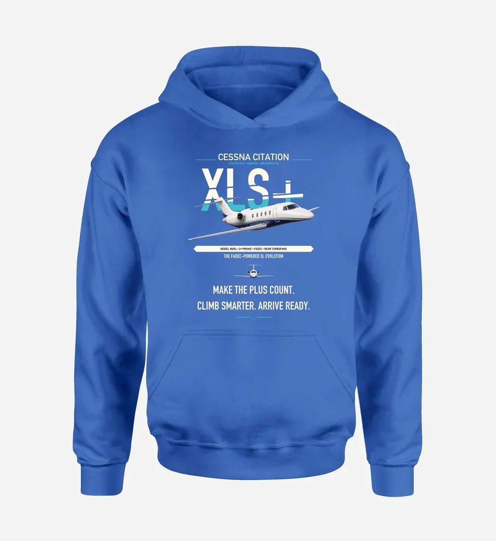 Cessna Citation XLSPlus design on blue double-side hoodie, single-side print