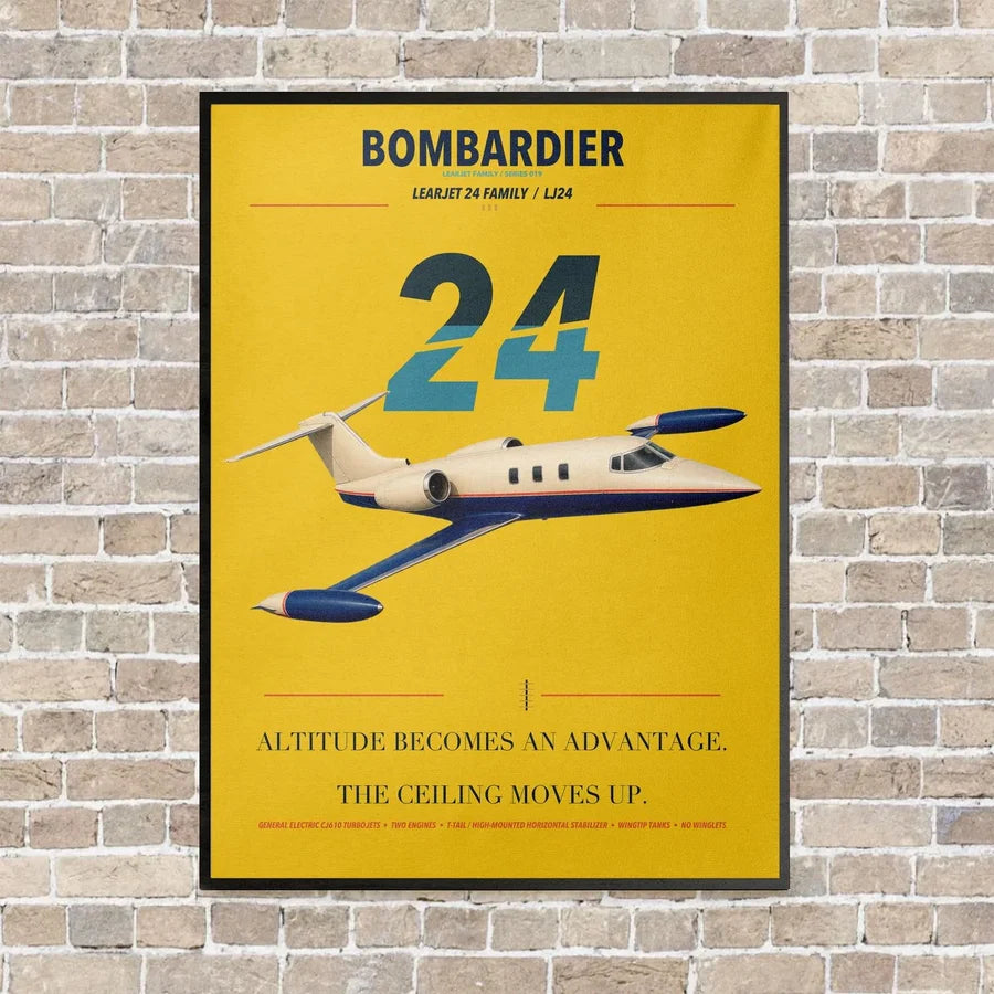 Bombardier Learjet 24 vertical canvas print - framed - yellow background