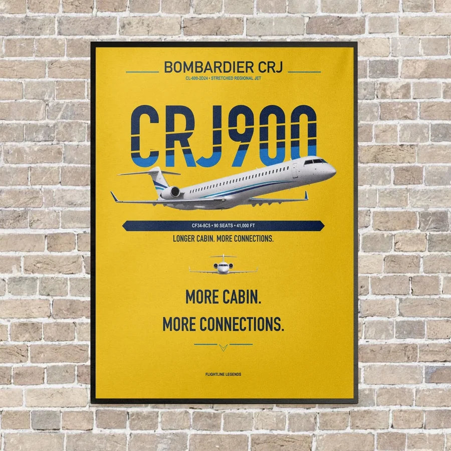 Bombardier CRJ900 vertical canvas print - framed - yellow background