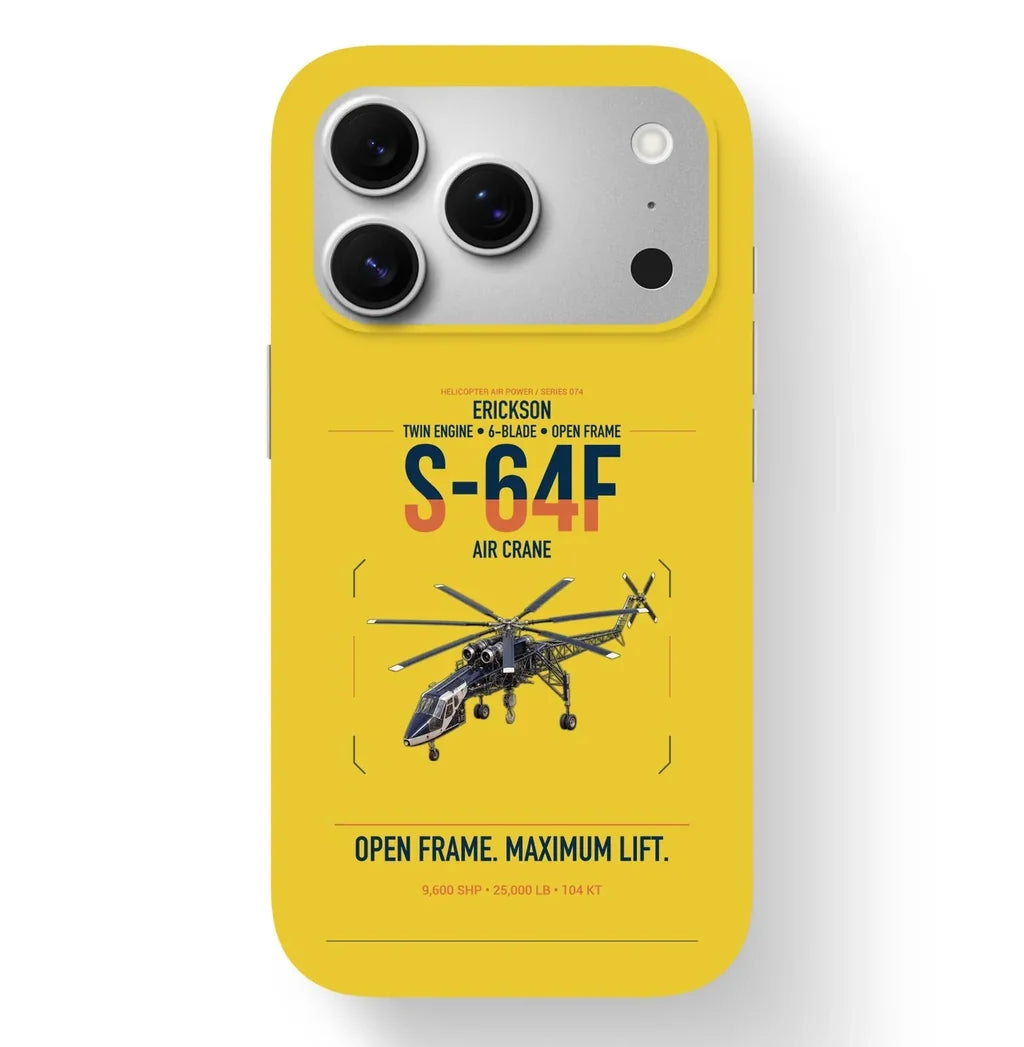 Erickson S-64F Air Crane design on yellow magsafe iphone case, for iPhone 17 Pro