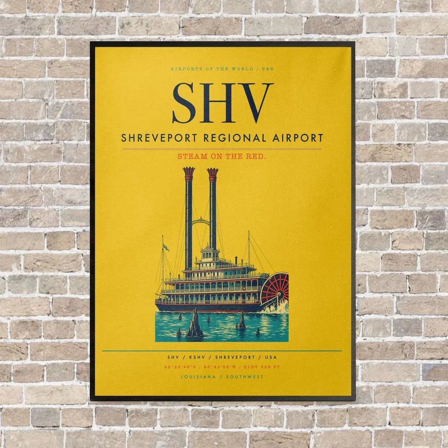 Shreveport Regional Airport SHV vertical canvas print - framed - yellow background
