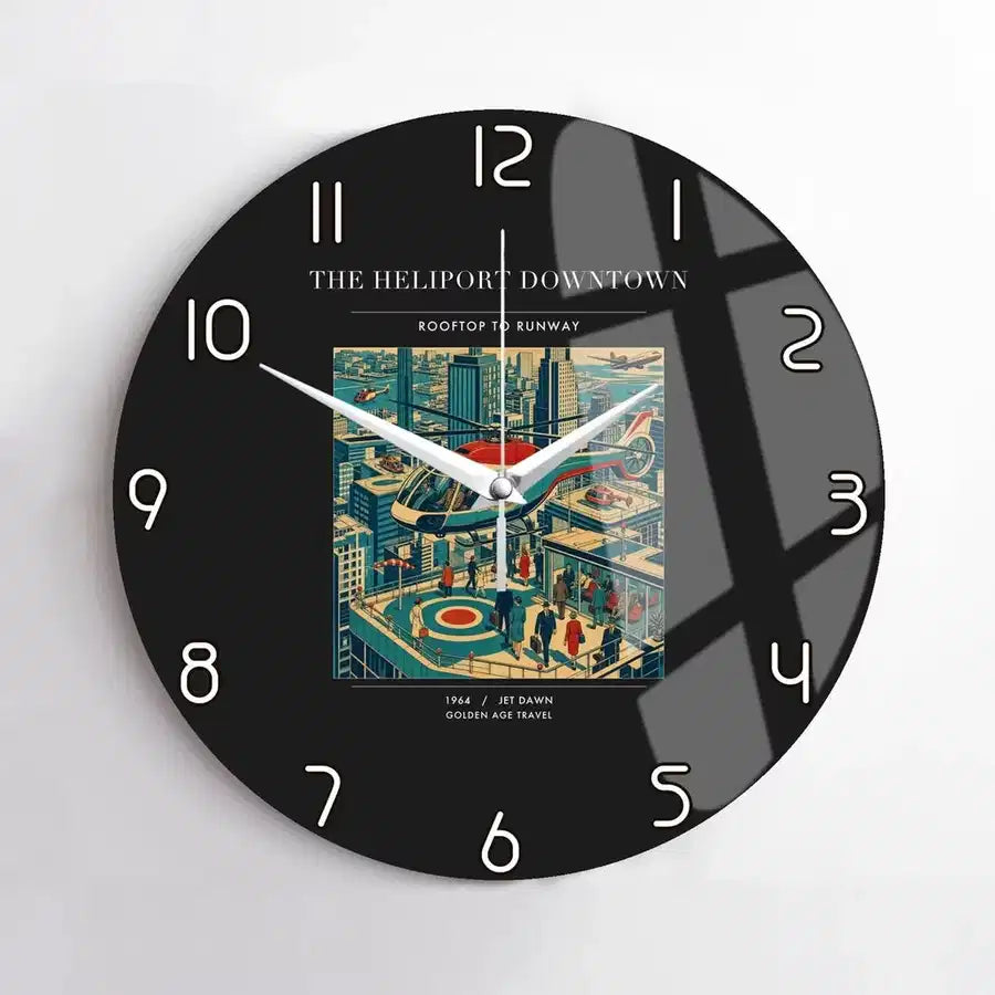 VINTAGE G4127 - The Heliport Downtown - Designed Wall Clocks design on black no-frame
