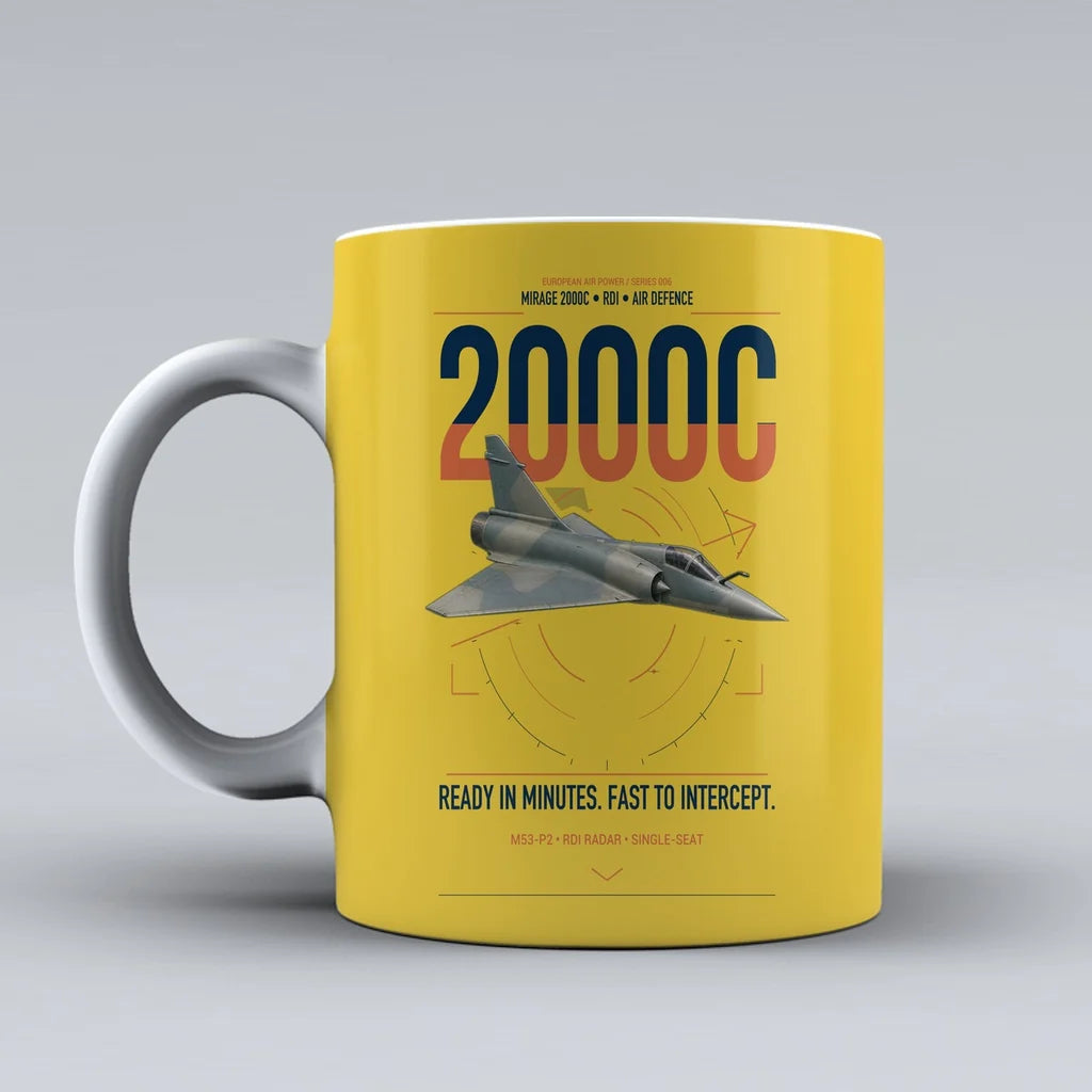 Dassault Mirage 2000C RDI design on yellow ceramic mug, double-side print