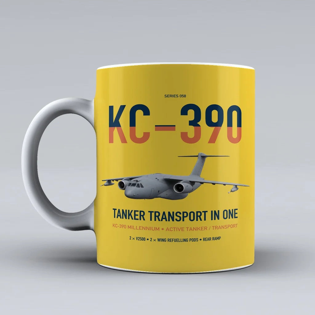 Embraer KC-390 Millennium design on yellow ceramic mug, double-side print