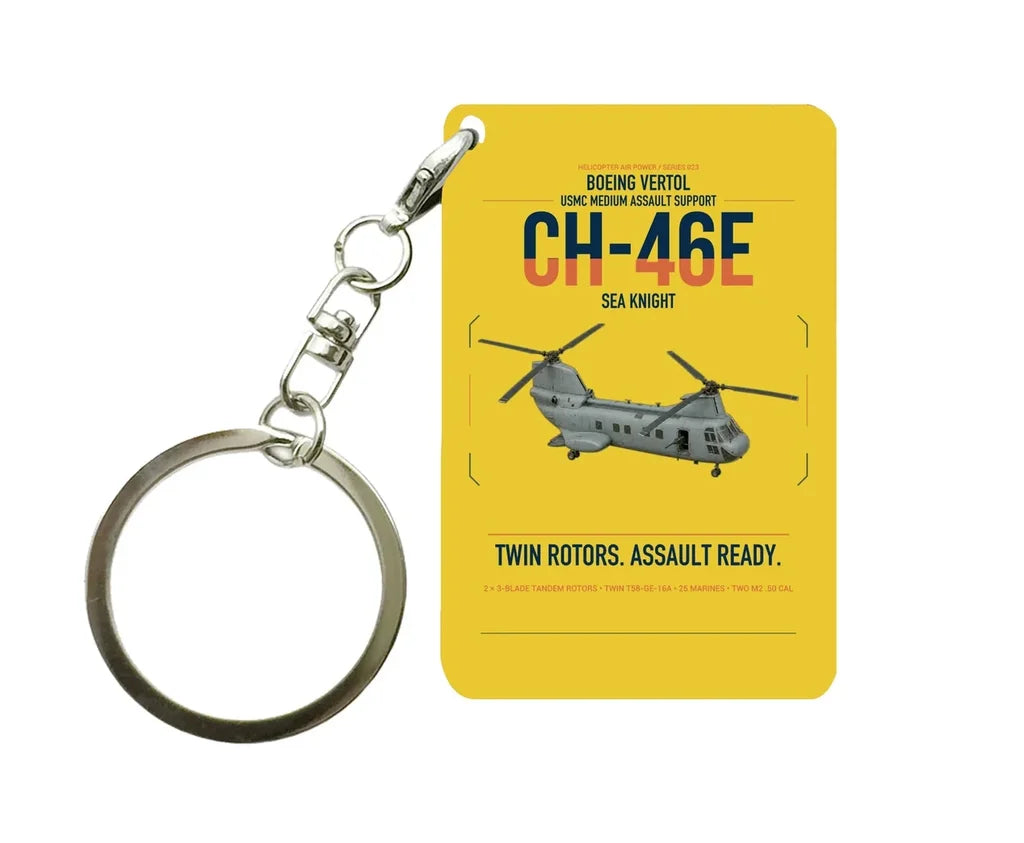 Boeing Vertol CH-46E Sea Knight design on yellow designed key chain, double-side print