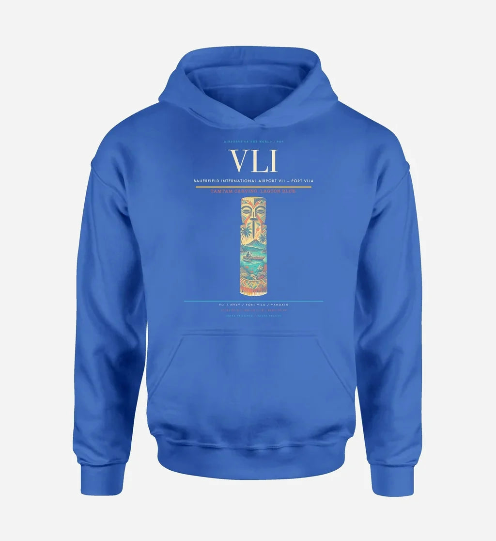 Bauerfield International Airport (VLI) design on blue hoodie single-side print