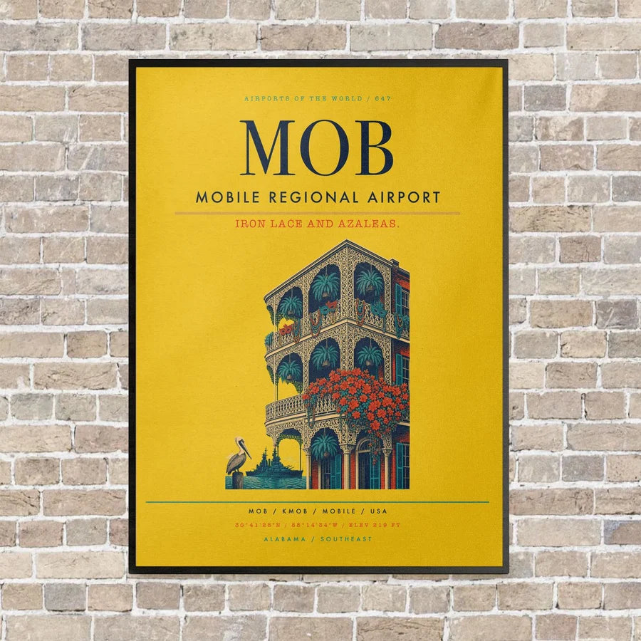 Mobile Regional Airport MOB vertical canvas print - framed - yellow background