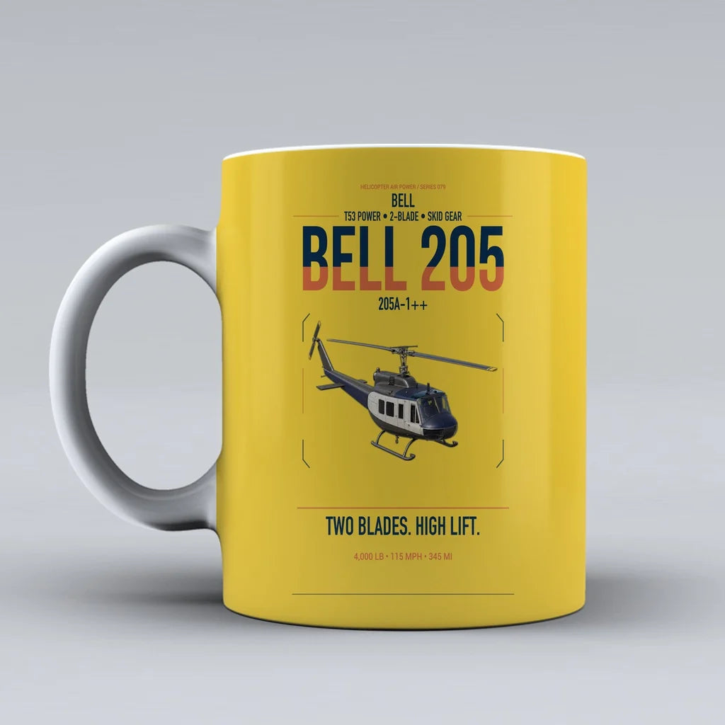Bell 205A-1++ design on yellow ceramic mug, double-side print
