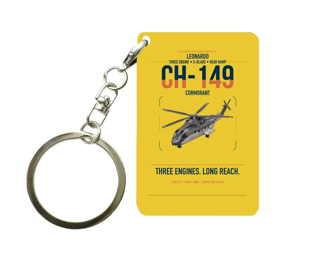 Leonardo CH-149 Cormorant design on yellow designed key chain, double-side print