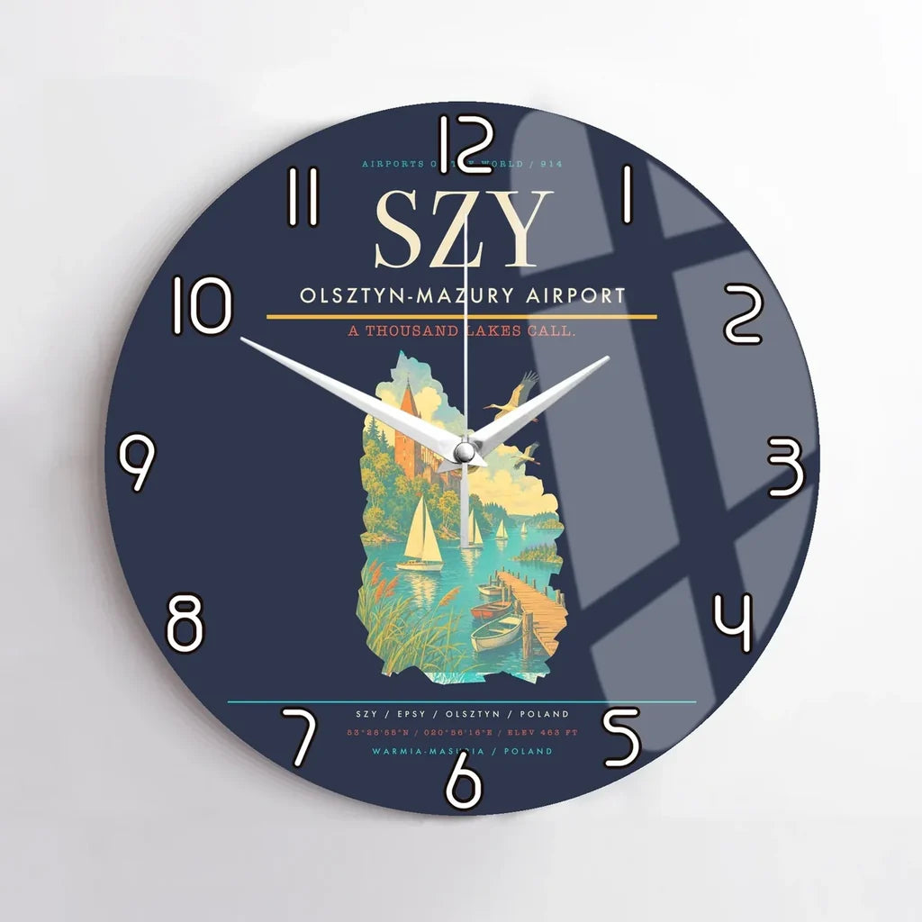 Olsztyn-Mazury Airport (SZY) design on navy blue no frame wall clock