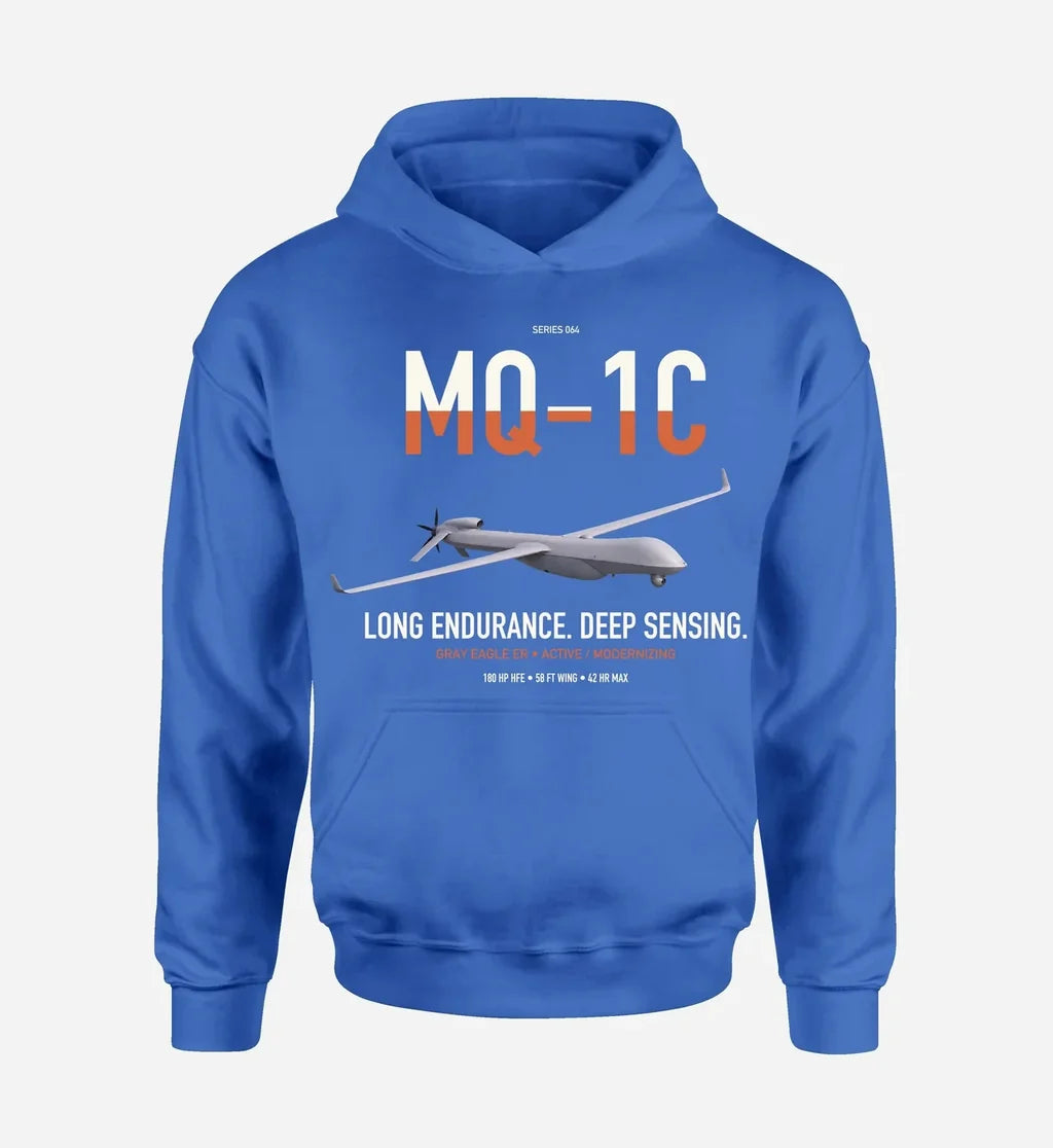 MQ-1C Gray Eagle ER design on blue double-side hoodie, single-side print