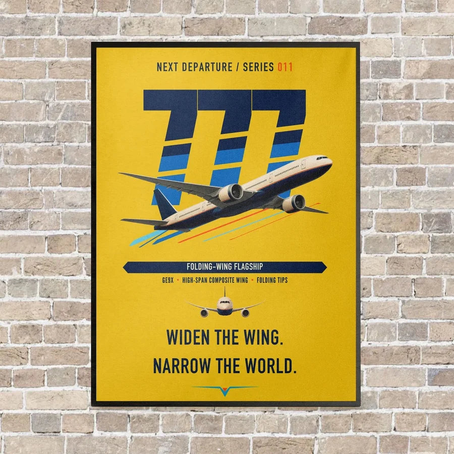 Boeing 777-9 vertical canvas print - framed - yellow background