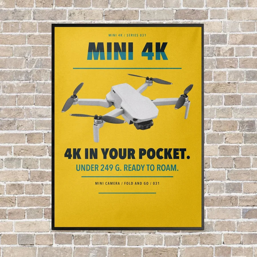 DJI Mini 4K vertical canvas print - framed - yellow background