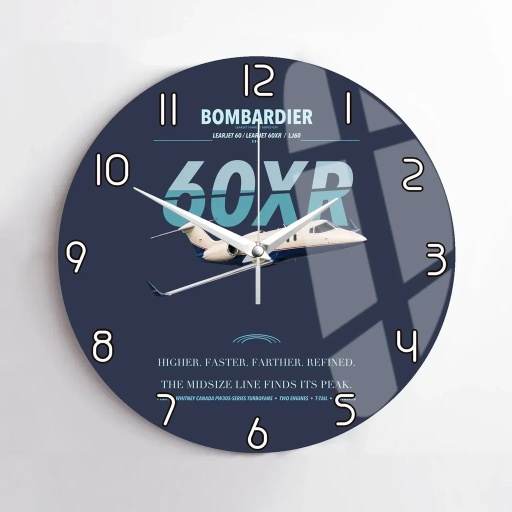 Bombardier Learjet 60XR design on navy blue no frame wall clock