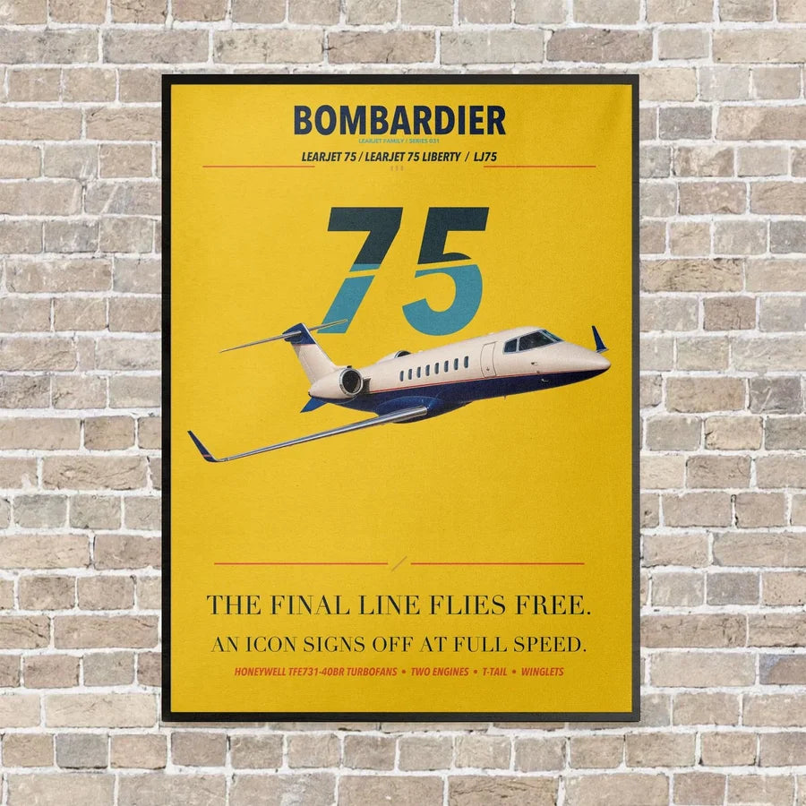 Bombardier Learjet 75 Liberty vertical canvas print - framed - yellow background
