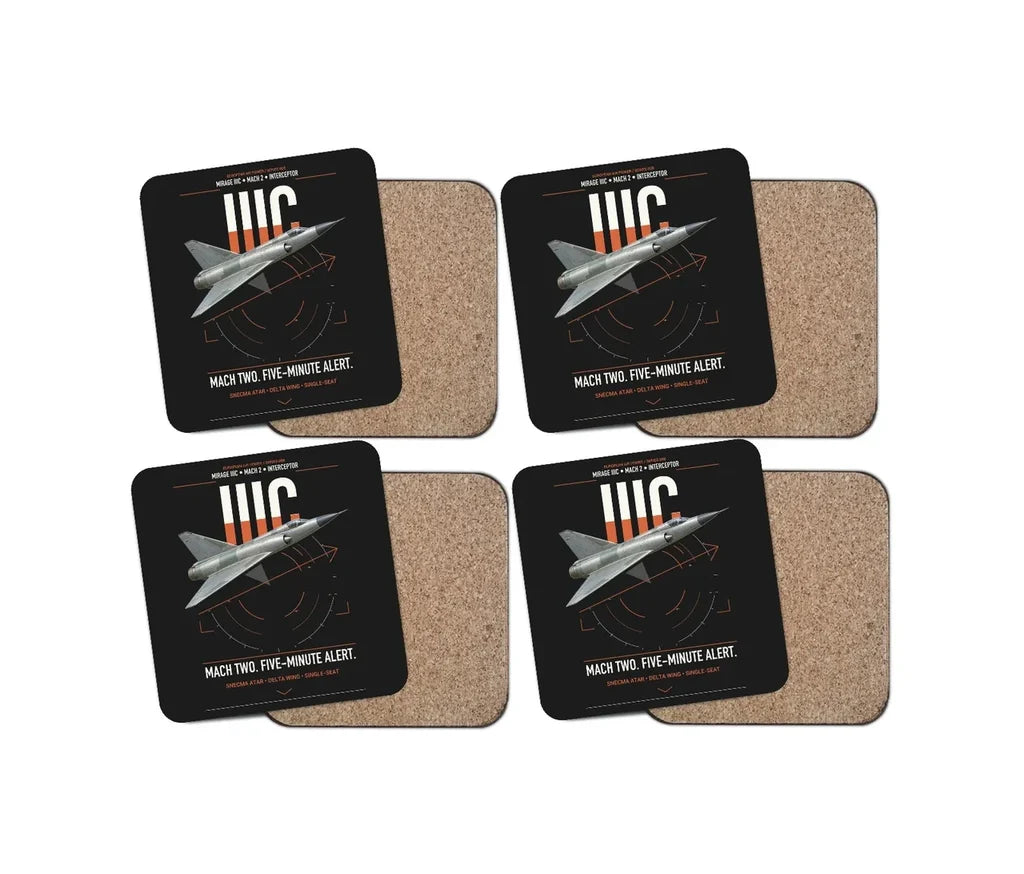 Dassault Mirage IIIC design on black 4 pieces set coaster