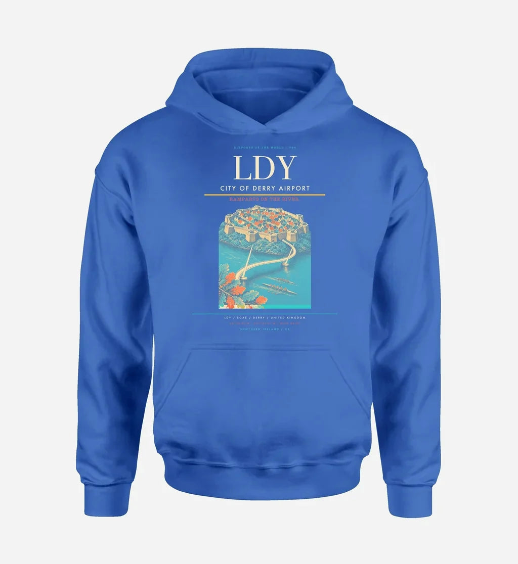 City of Derry Airport (LDY) design on blue hoodie single-side print
