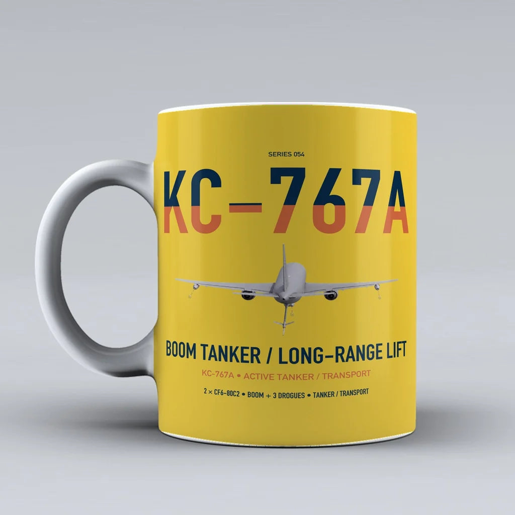 Boeing KC-767A design on yellow ceramic mug, double-side print
