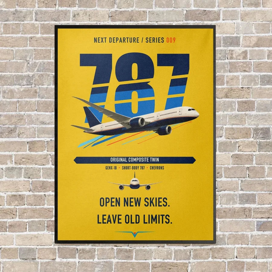 Boeing 787-8 Dreamliner vertical canvas print - framed - yellow background