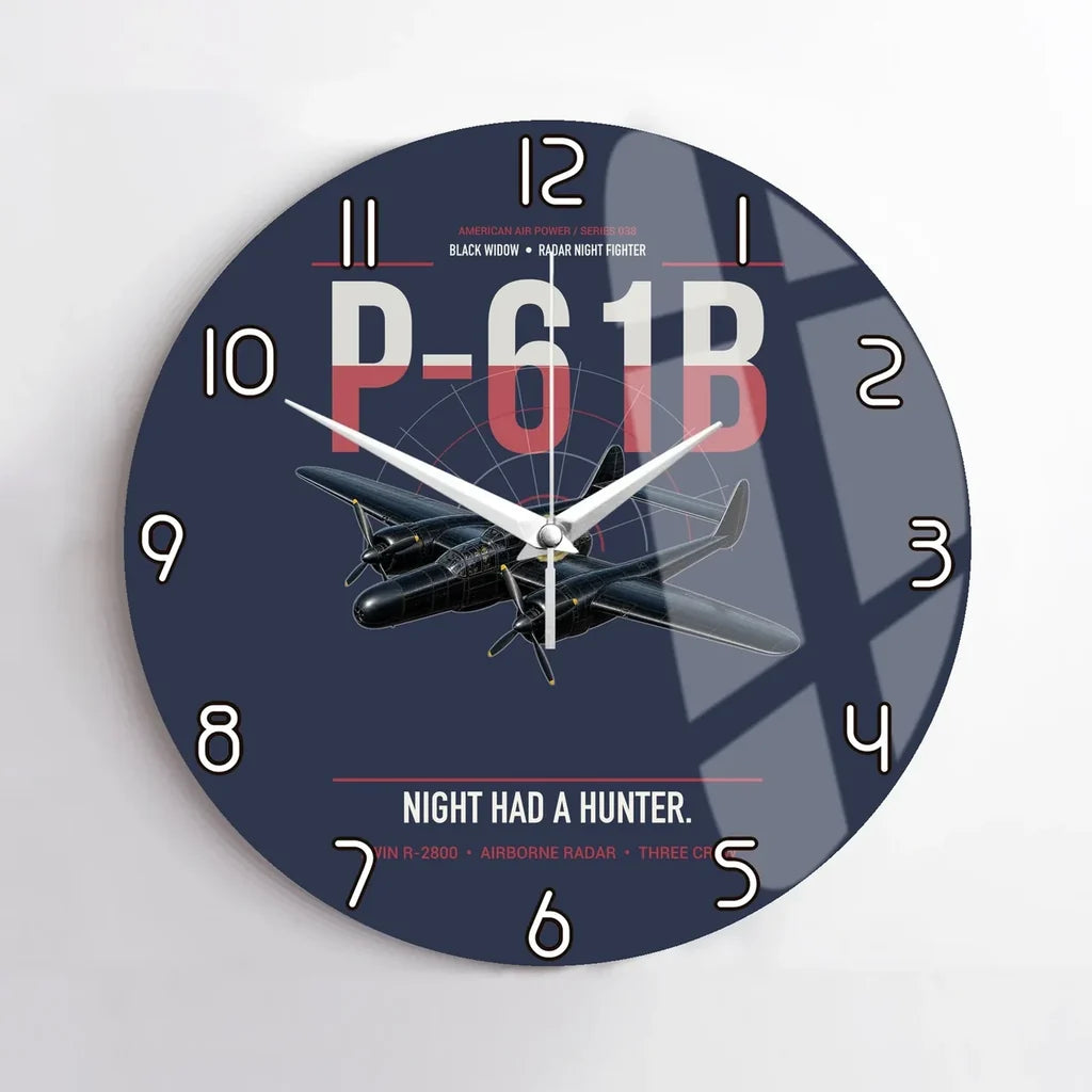 P-61B Black Widow design on navy blue no frame wall clock