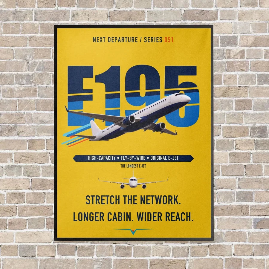 Embraer E195 vertical canvas print - framed - yellow background