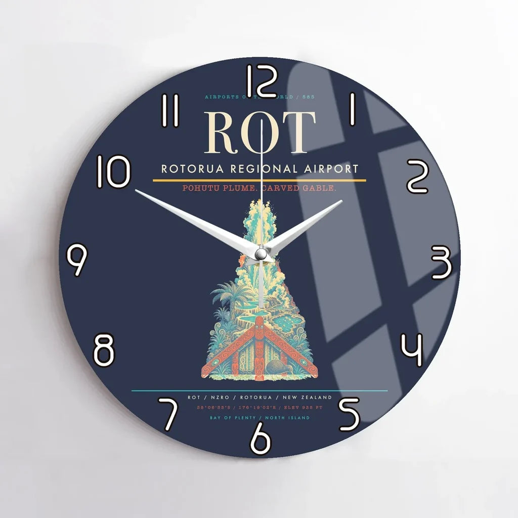 Rotorua Regional Airport (ROT) design on navy blue no frame wall clock