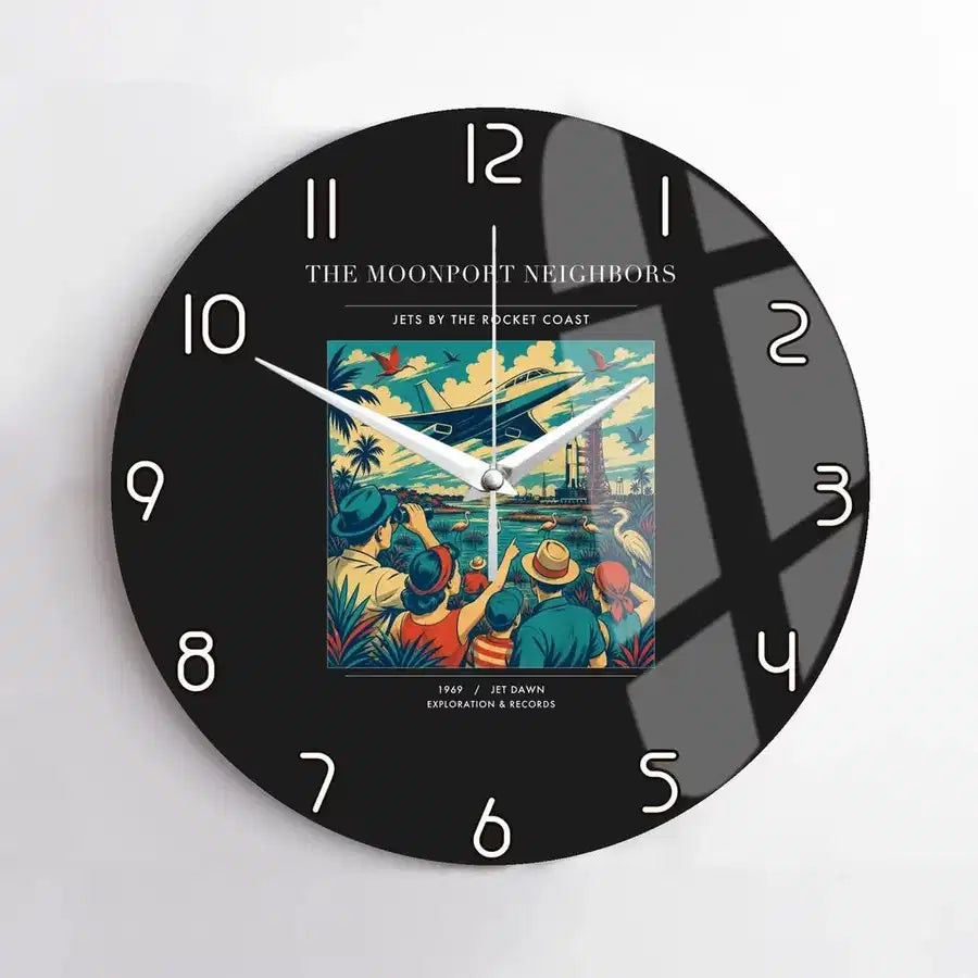 VINTAGE G4129 - The Moonport Neighbors - Designed Wall Clocks design on black no-frame