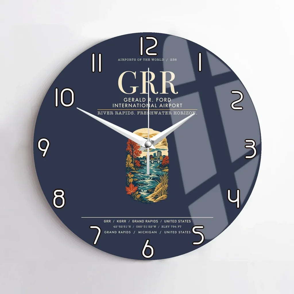 Gerald R. Ford International Airport Grand Rapids (GRR) design on navy blue no frame wall clock