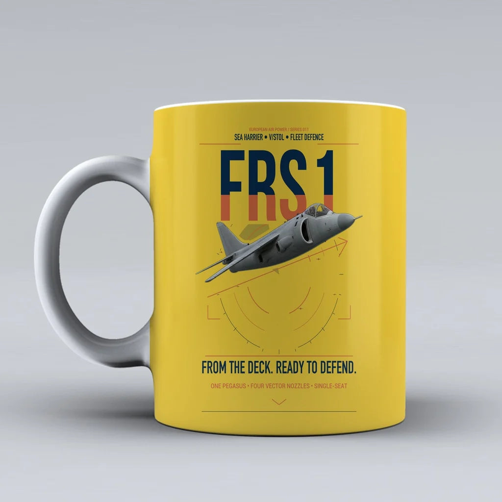 British Aerospace Sea Harrier FRS.1 design on yellow ceramic mug, double-side print