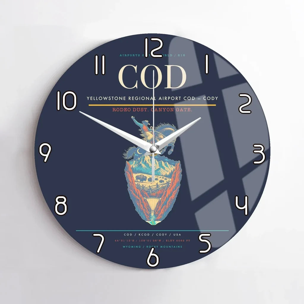 Yellowstone Regional Airport (COD) design on navy blue no frame wall clock