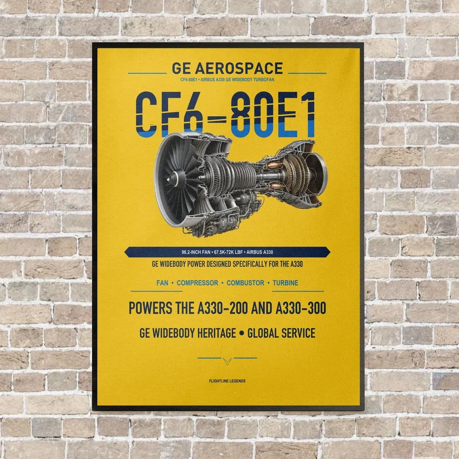 CF6-80E1 vertical canvas print - framed - yellow background