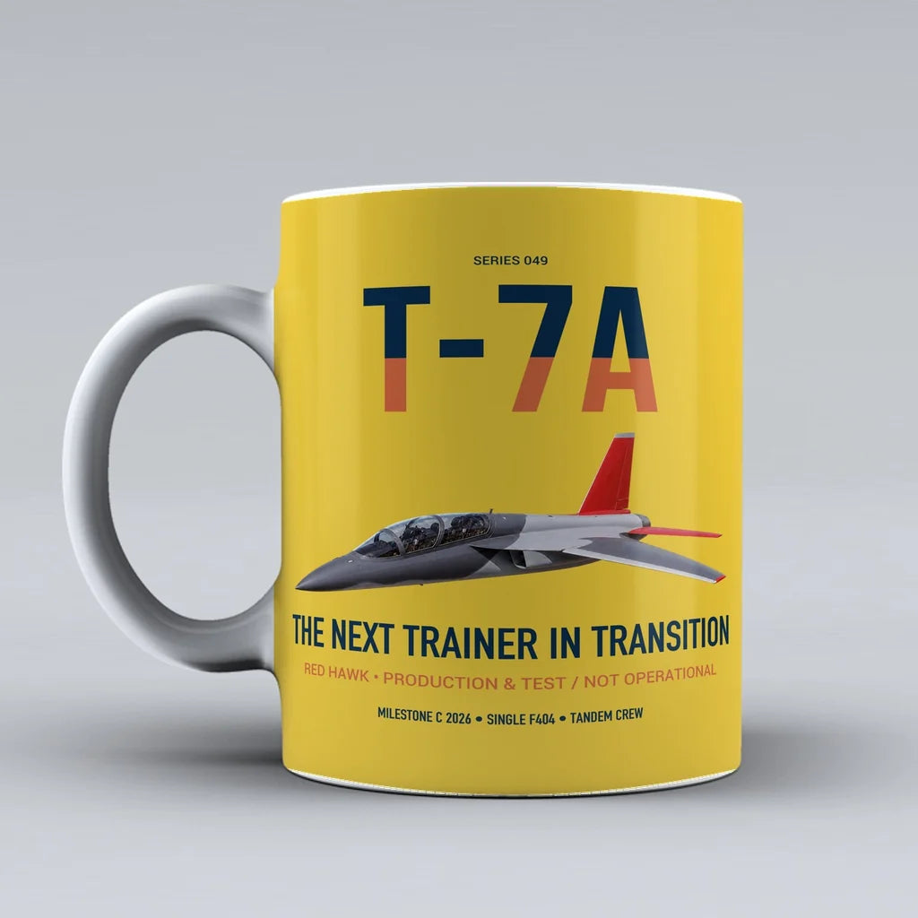 T-7A Red Hawk design on yellow ceramic mug, double-side print