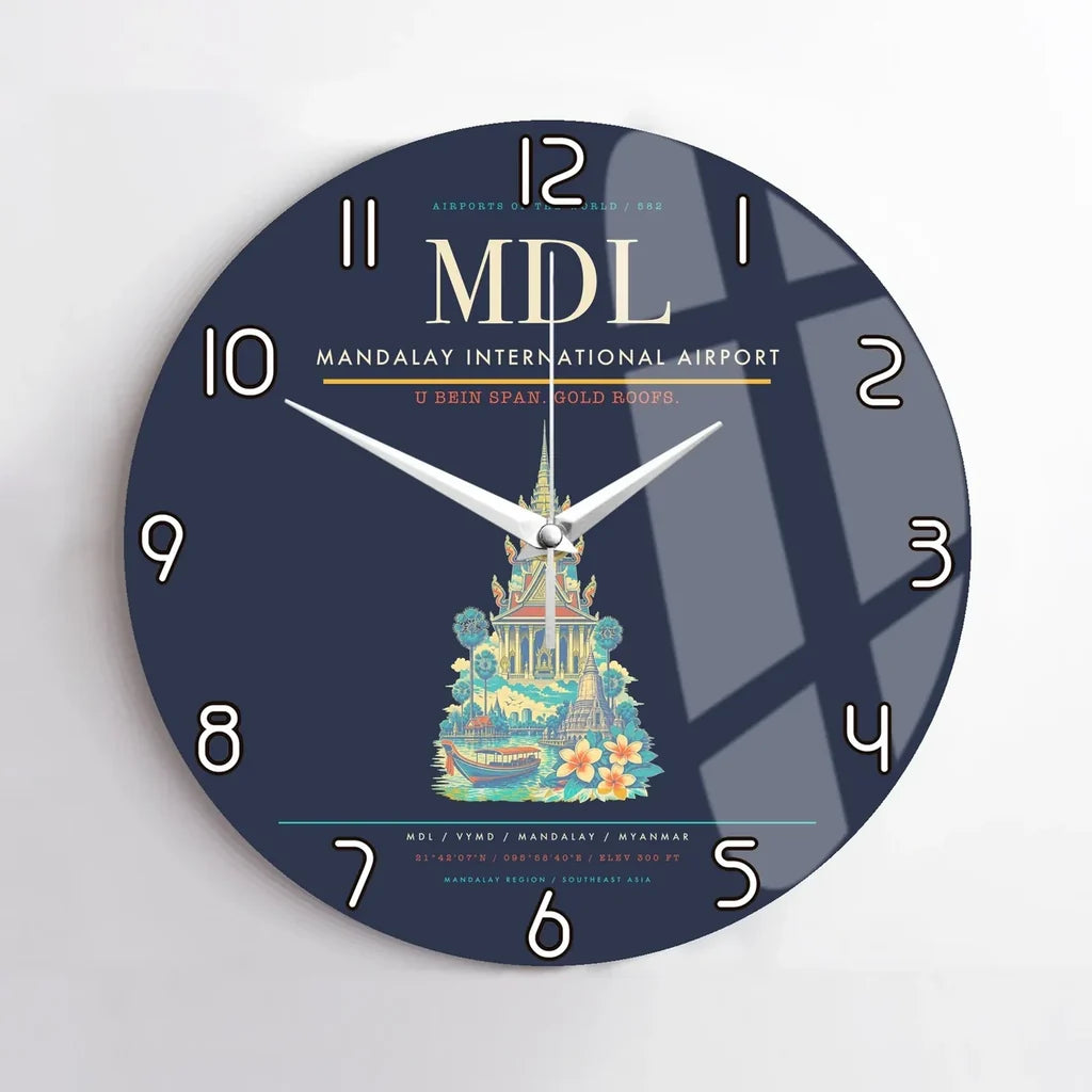 Mandalay International Airport (MDL) design on navy blue no frame wall clock