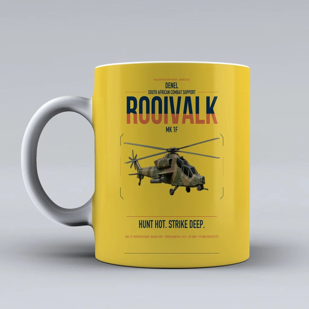 Denel Rooivalk Mk 1F design on yellow ceramic mug, double-side print
