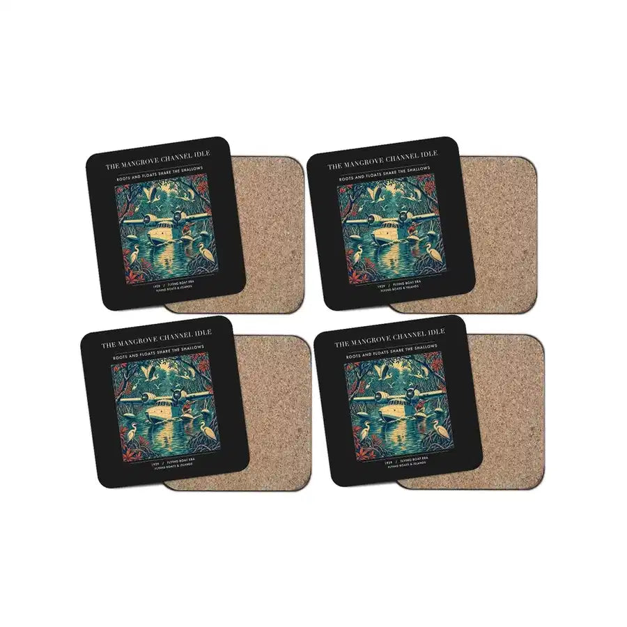 The Mangrove Channel Idle - Designed Coasters design on black 4-pieces-set