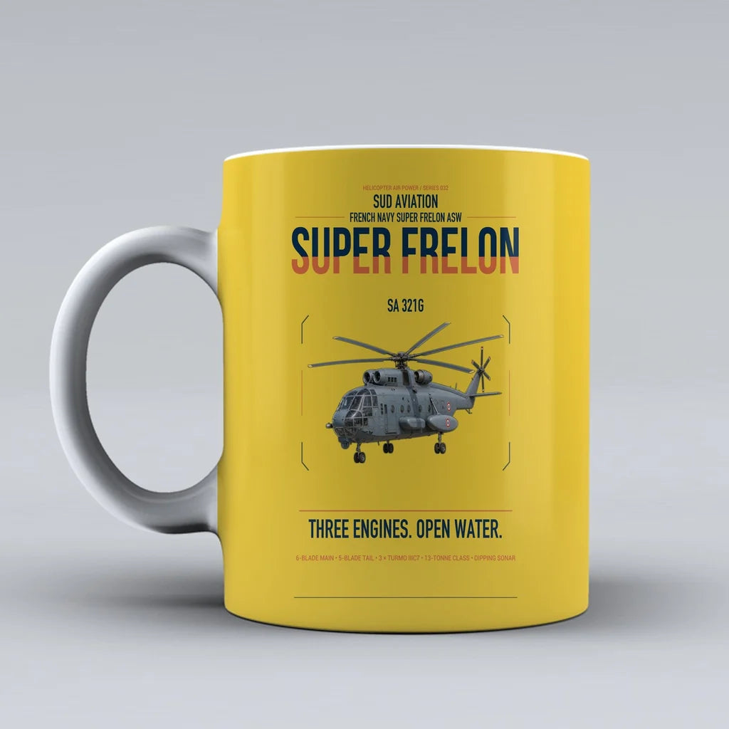 Sud Aviation SA 321G Super Frelon design on yellow ceramic mug, double-side print