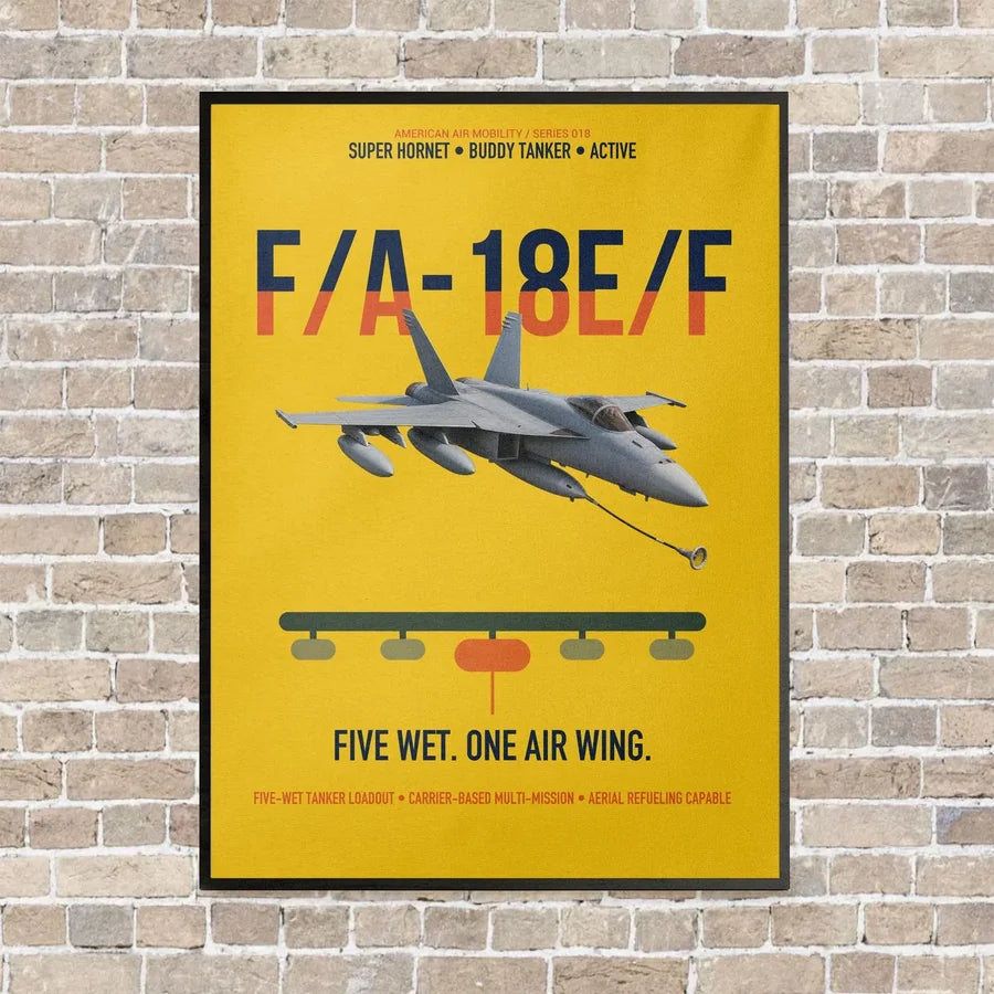 F A-18E F Buddy Tanker vertical canvas print - framed - yellow background