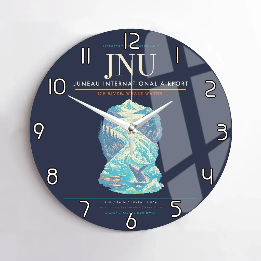 Juneau International Airport (JNU) design on navy blue no frame wall clock