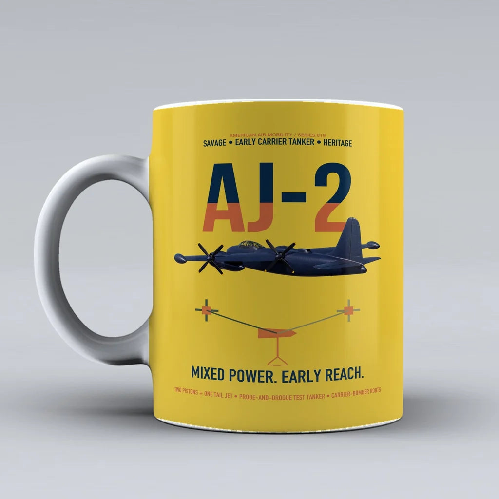 AJ-2 Savage Tanker design on yellow ceramic mug, double-side print