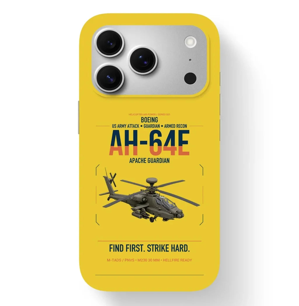 Boeing AH-64E Apache Guardian design on yellow magsafe iphone case, for iPhone 17 Pro