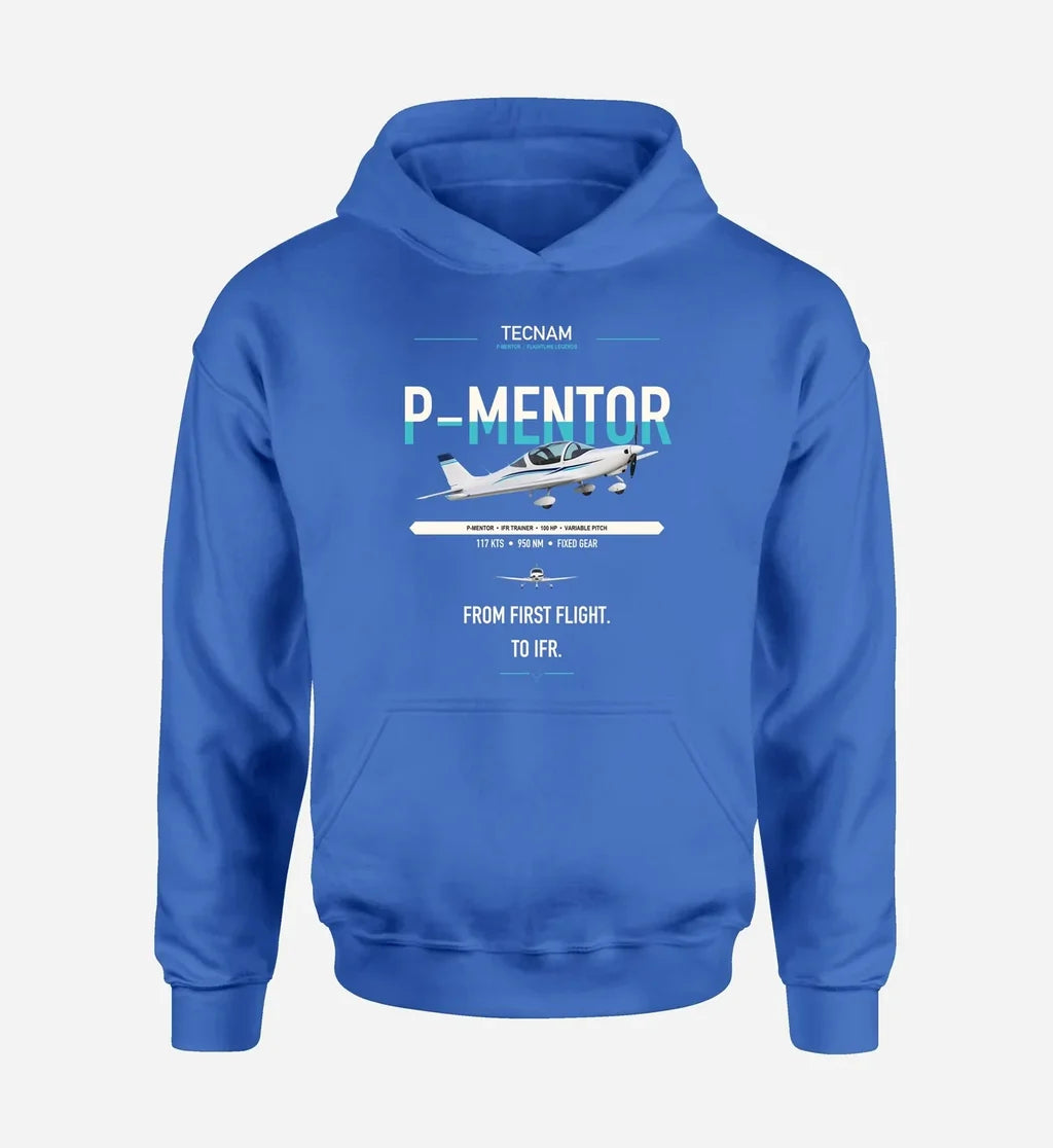 Tecnam P-Mentor design on blue double-side hoodie, single-side print