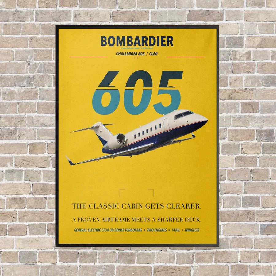 Bombardier Challenger 605 vertical canvas print - framed - yellow background