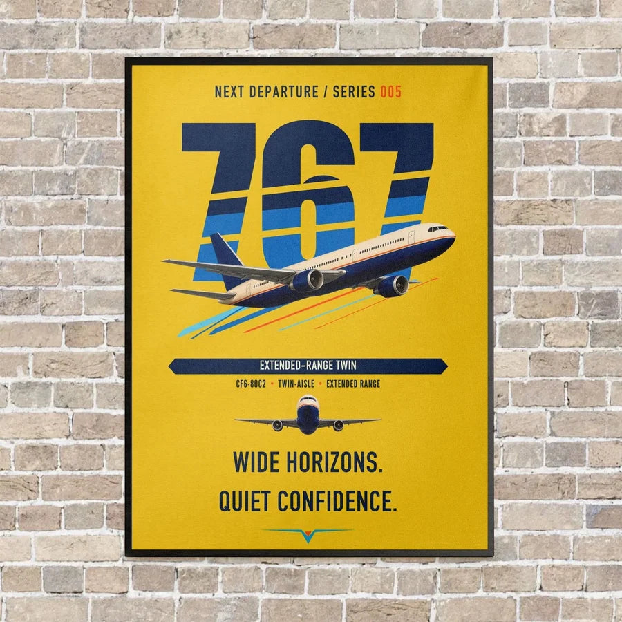 Boeing 767-300ER vertical canvas print - framed - yellow background
